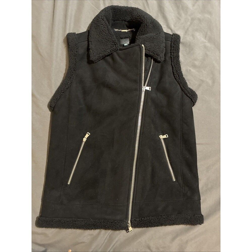 Lauren Ralph Lauren LRL Women Black Faux Shearling Moto Vest Asymmetrical Sz Med